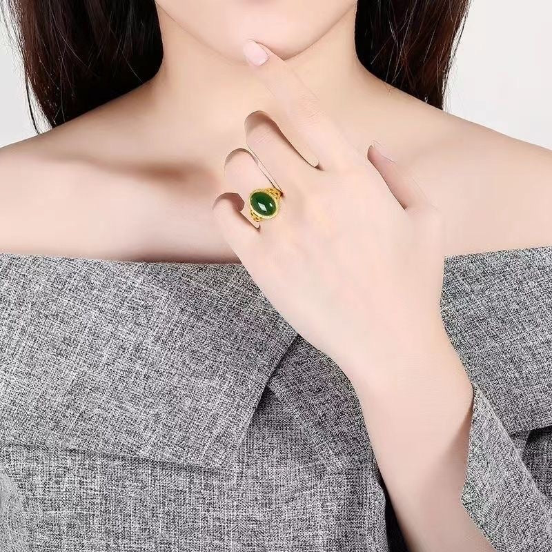 Gold Inlaid Natural Agate Jade Green Chalcedony Retro Fashion With Rings