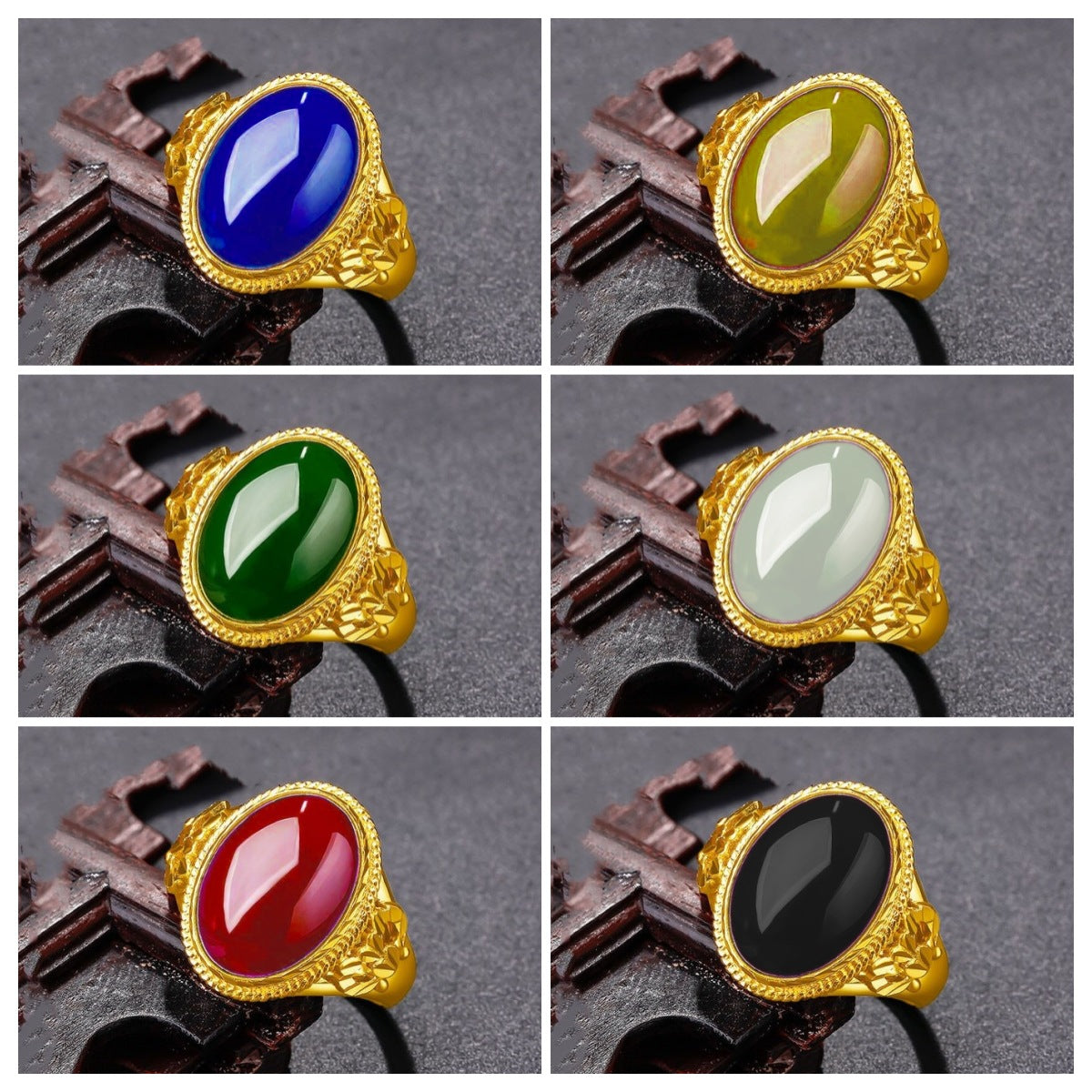 Gold Inlaid Natural Agate Jade Green Chalcedony Retro Fashion With Rings
