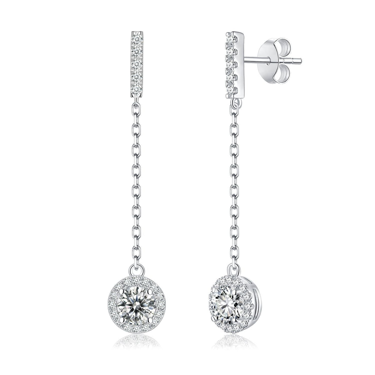 Geometric D-Color VVS1 Moissanite Drop Earrings in Sterling Silver — 1 Carat Brilliant Round Cut