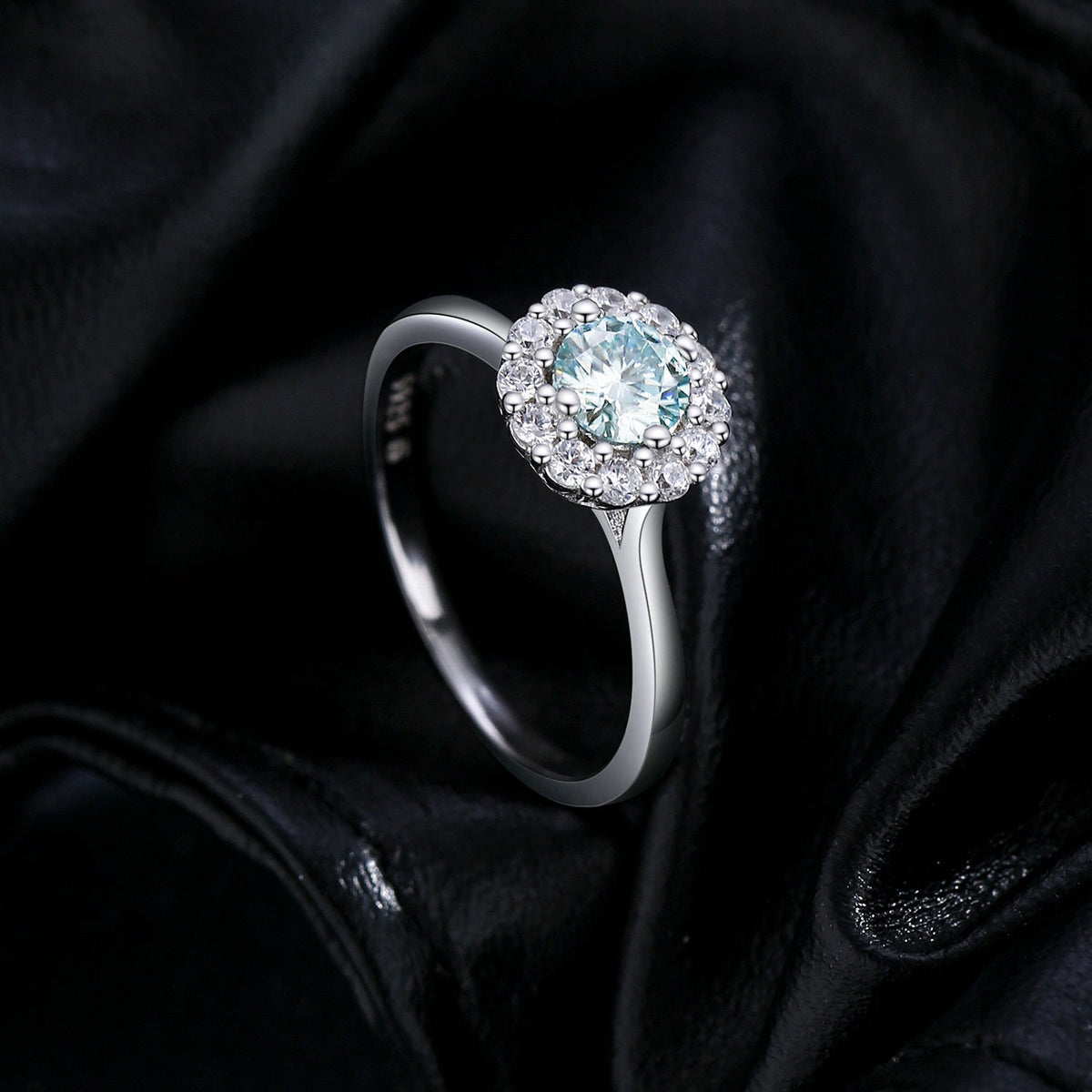 Geometric Halo Engagement Ring with Brilliant D-Color VVS1 Moissanite Stones in Sterling Silver