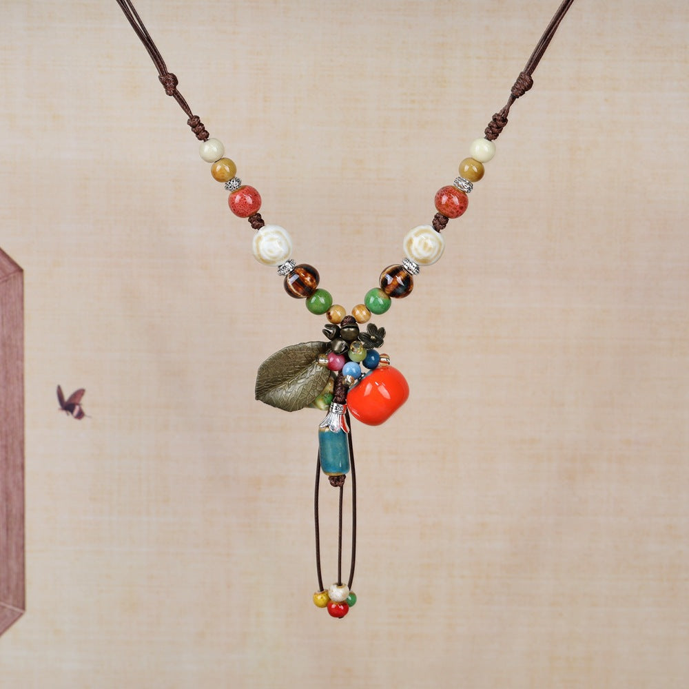 Women's Retro Ethnic Style Ceramic Butterfly Bell Fashionable Necklace