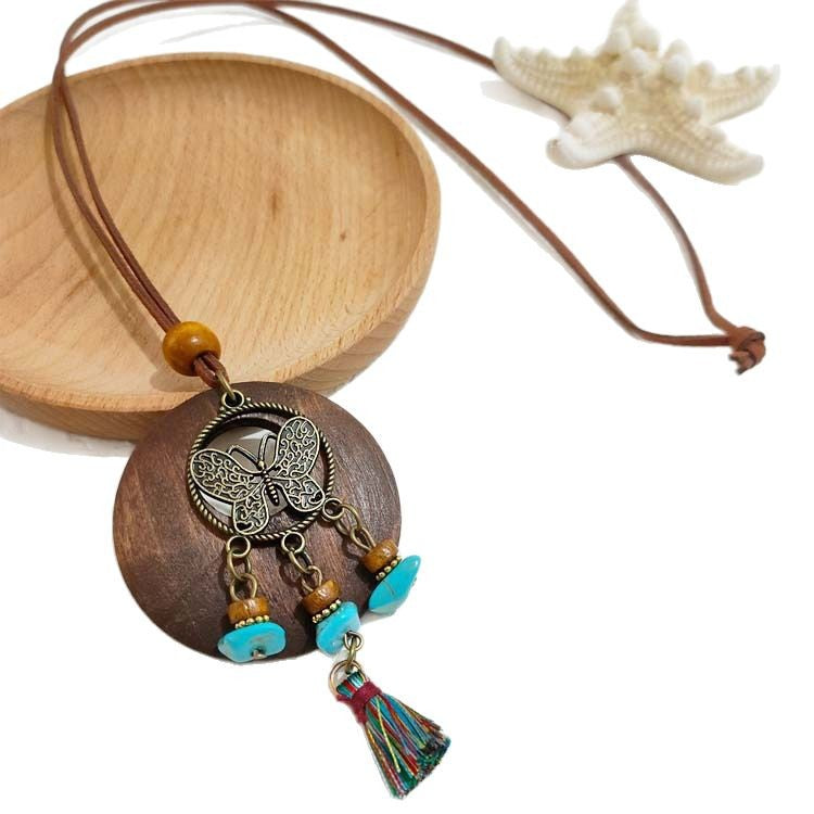 Women's Ethnic Retro Tassel Round Leaves Hollow Out Necklace