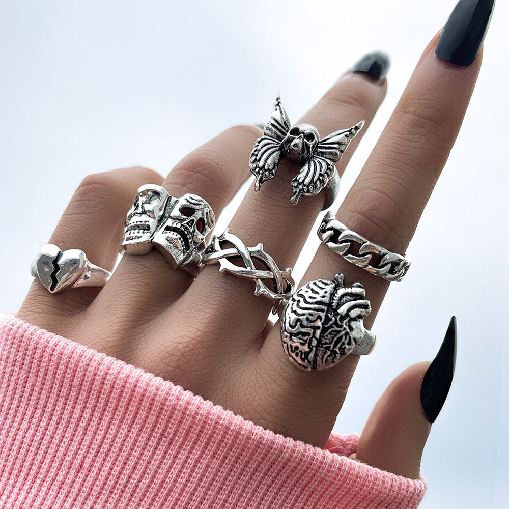 Alloy Chain Vintage Crying Face Poker Hollow Love Ring