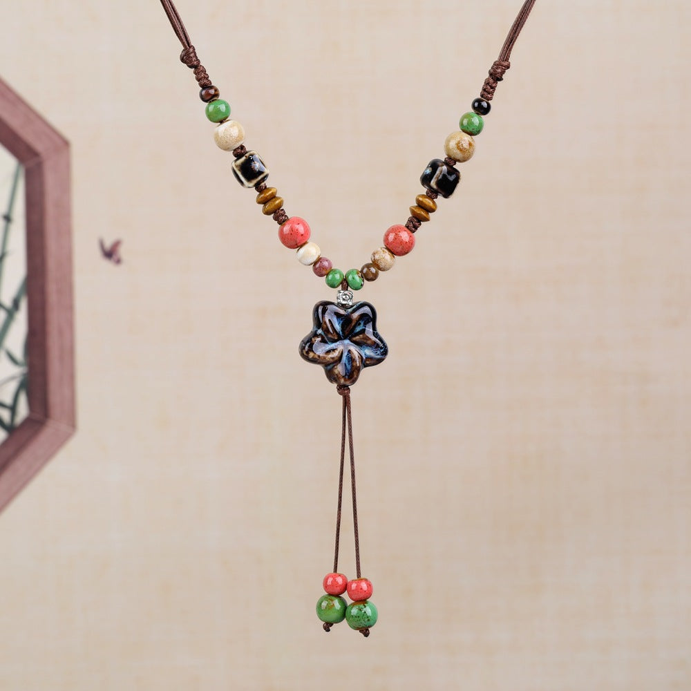 Women's Retro Ethnic Style Ceramic Butterfly Bell Fashionable Necklace