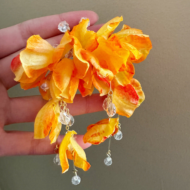 Style Western Blooming Orange Petals Beaded Fringed Zircon Earrings