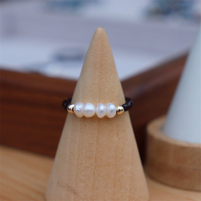 Simple Fashion White Black Pointed Crystal Stretch Freshwater Pearl Agate Rings