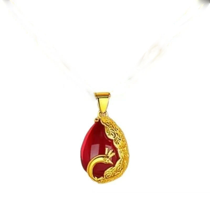Exquisite Red Green Water Drop Phoenix Female Design Peacock Clavicle Necklace
