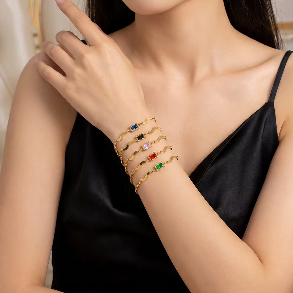 Birthday Crystal Stone Ocean Wave Titanium Steel Square Bracelet