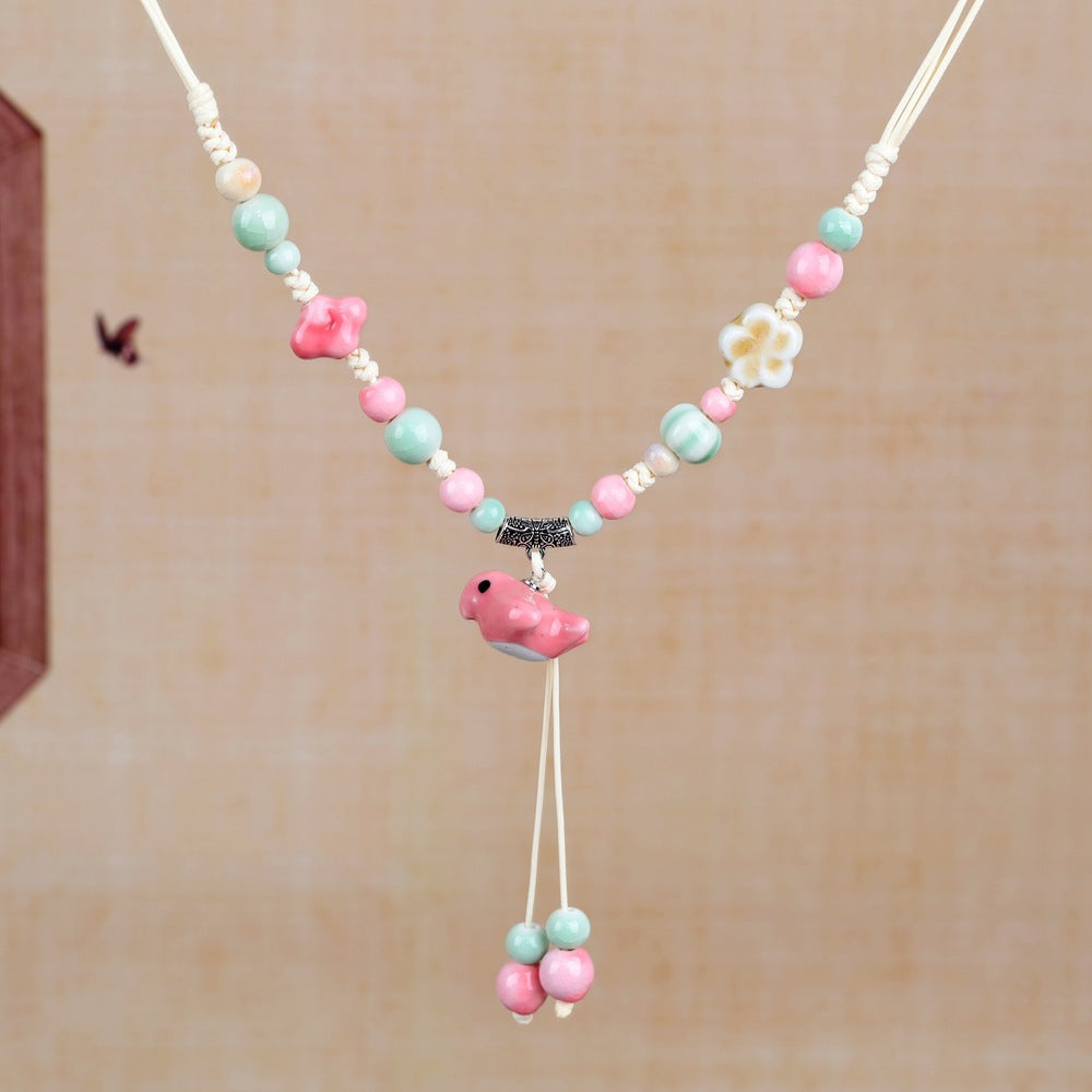 Women's Retro Ethnic Style Ceramic Butterfly Bell Fashionable Necklace