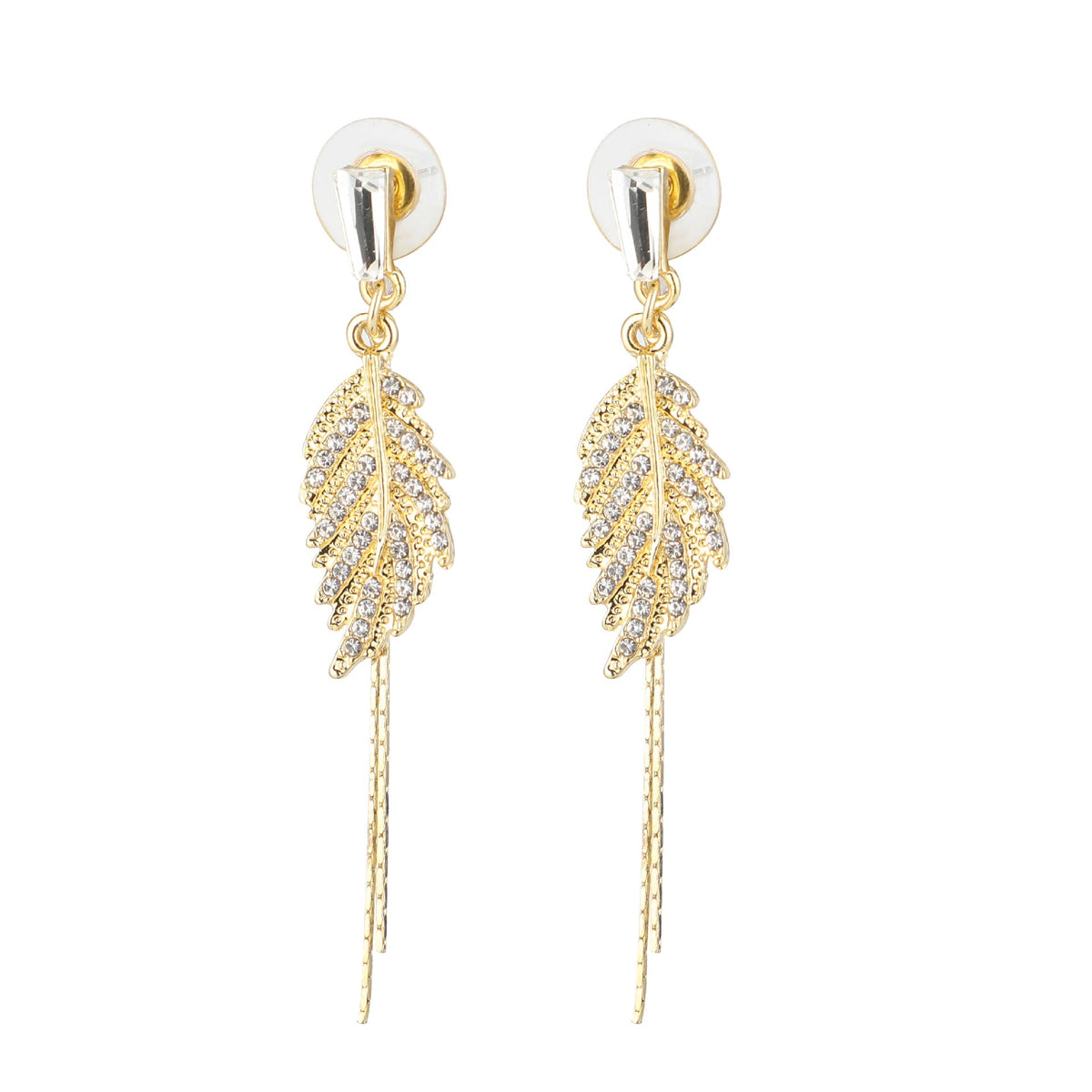 Sier Needle Elegant Golden Leaf Tassel Stud Earrings