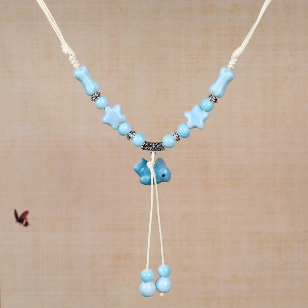 Women's Retro Ethnic Style Ceramic Butterfly Bell Fashionable Necklace