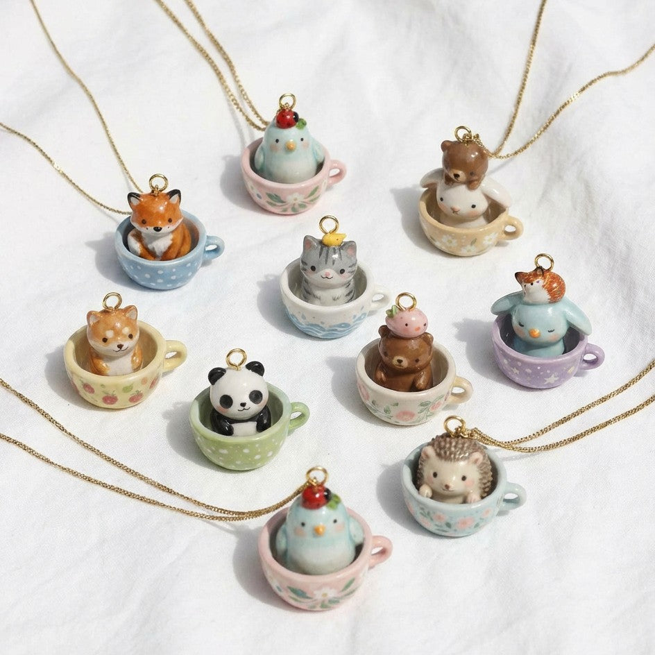 Tea Cup Animal Series Fox Penguin Rabbit Panda Pendant