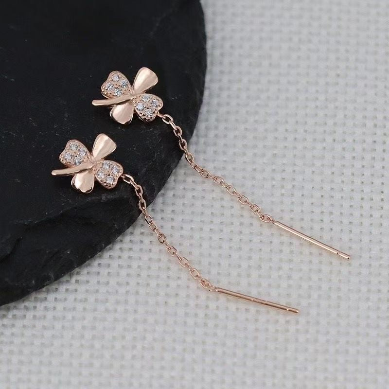 Women's Four Leaves Clover Tassel Niche Temperament Long Round Face Slimming Earrings