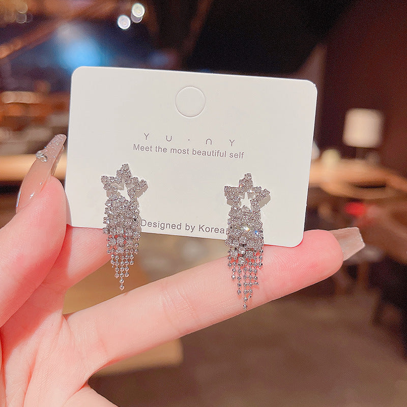 Women's Diamond Pentagram Long Fringe Super Shiny Temperament Personalized Stud Earrings