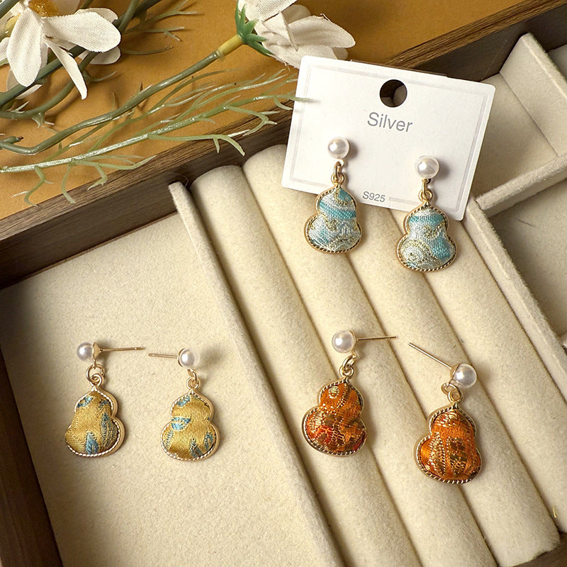 Women's Dynasty Brocade Gourd For Sier Needle Pearl Earrings