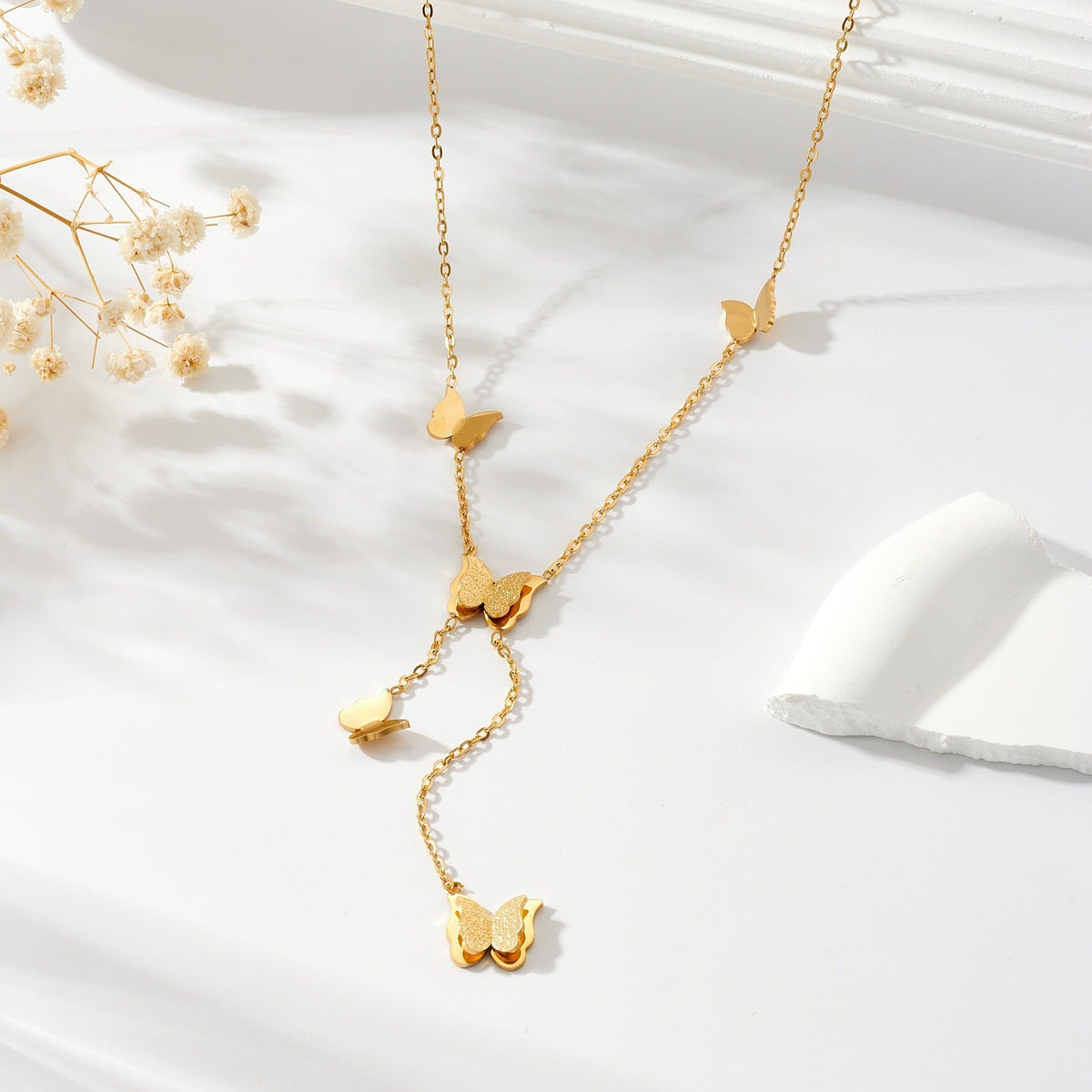 Women's Three-dimensional Five Butterflies Accessory Tassel Chain Stainless Steel Gold-plated Clavicle Necklace