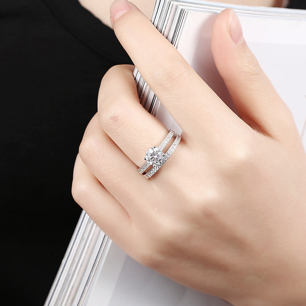 Women's Sterling Sier Personalized Straight-line Inlaid Stone Double Ring