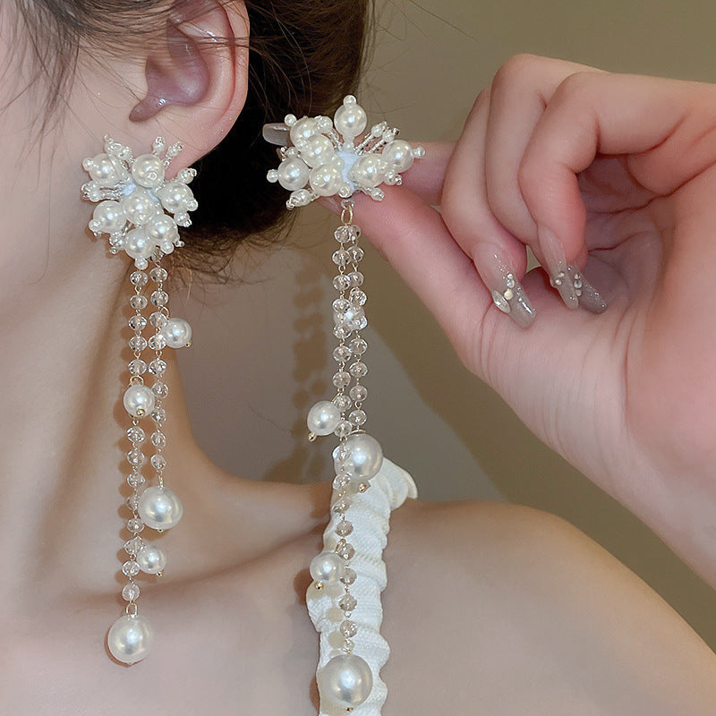 Needle High-grade Flower Tassel Pearl French Fashion Earrings