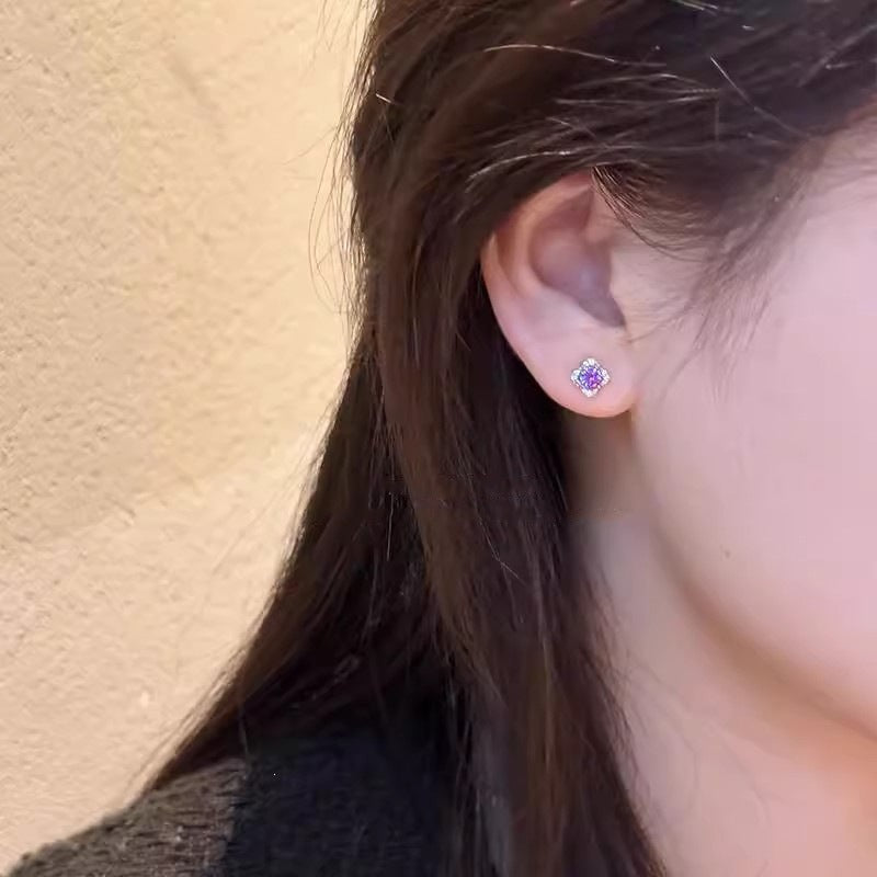 Fresh Nine Purple Ear Style Four Leaves Clover Eardrops Live Stud Earrings