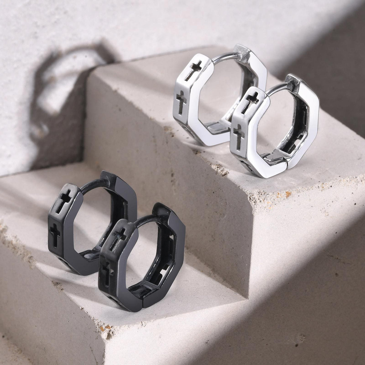 Men's Steel Hollow Cross Geometry Ear Spring Creek Earrings