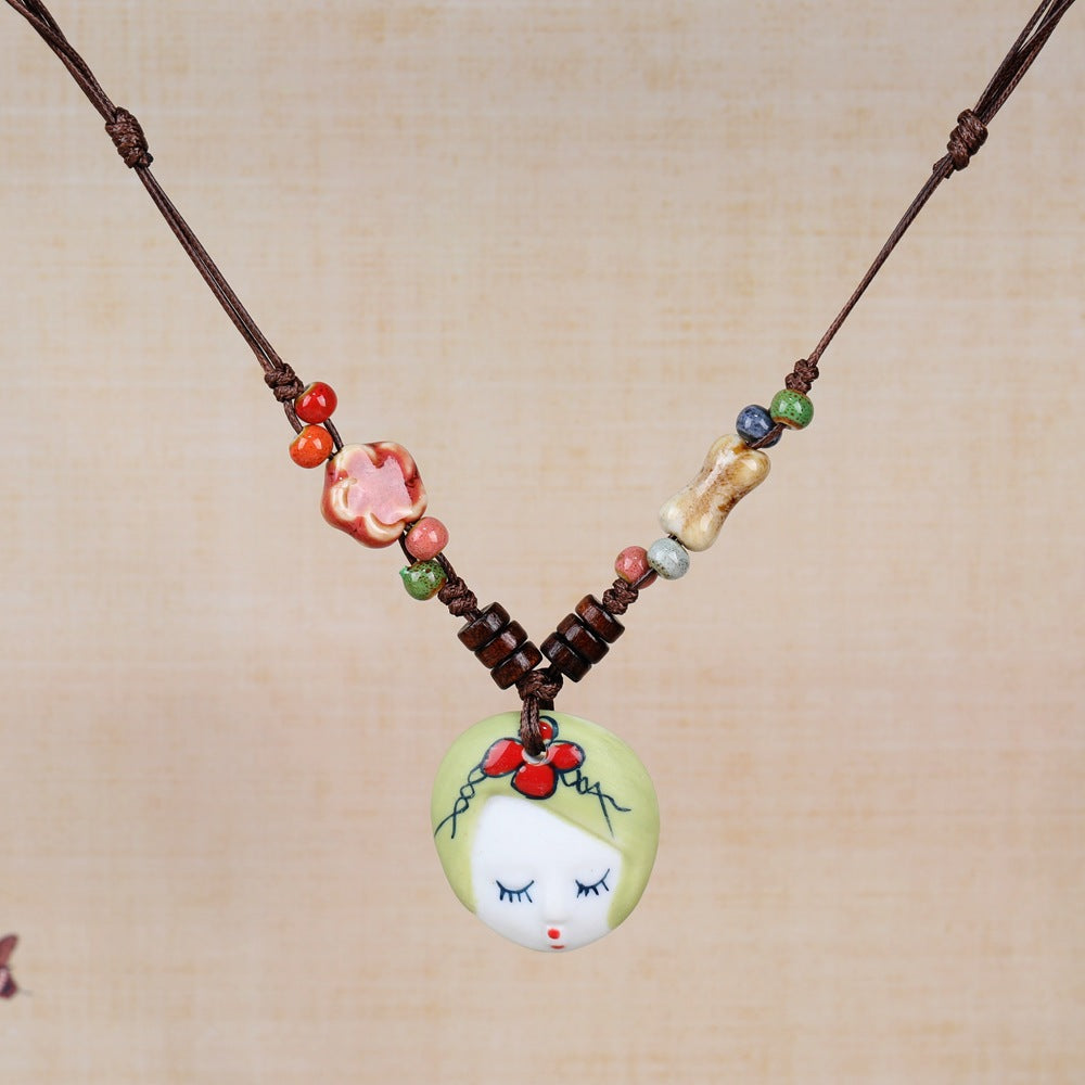 Women's Retro Ethnic Style Ceramic Butterfly Bell Fashionable Necklace