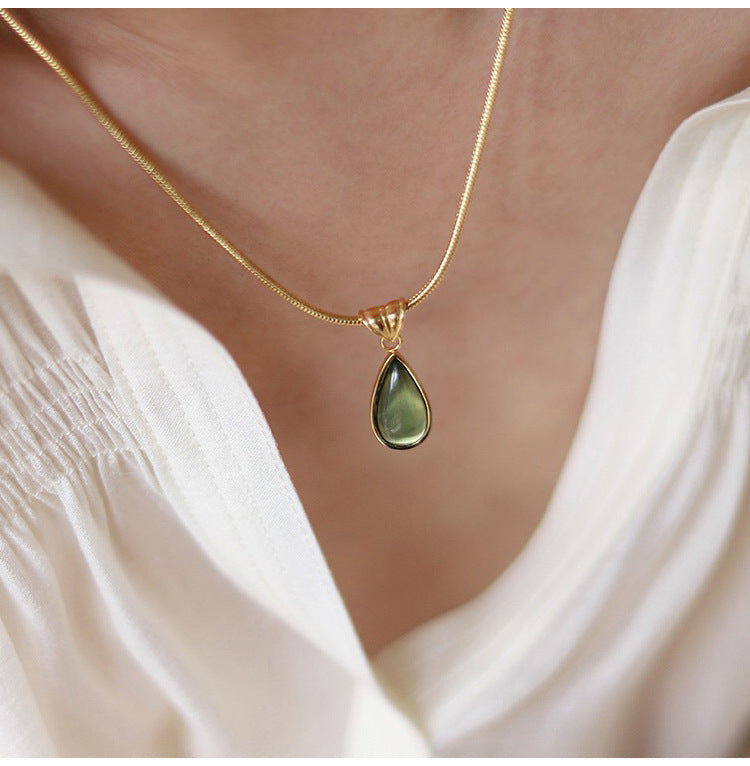 Women's Retro Olive Green Blue Water Drop Niche Design Necklaces