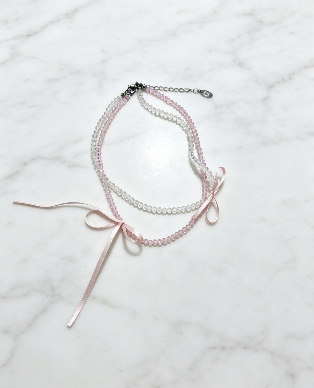 Girly Style Ribbon Bow Gentle Clear Clavicle Chain Beaded Double Necklaces