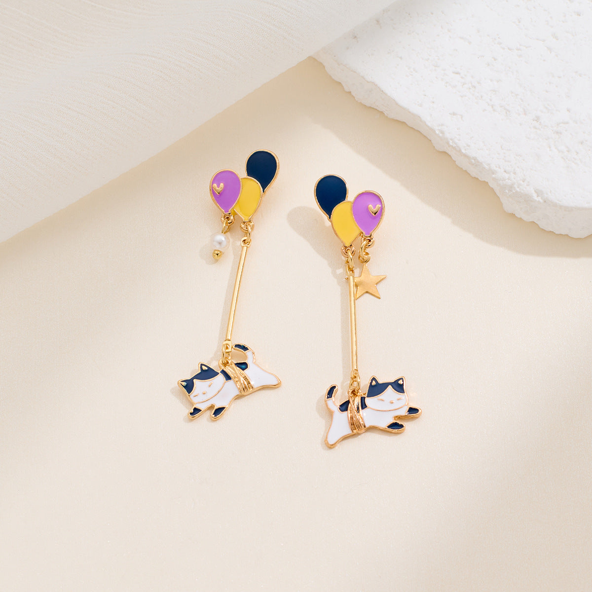 Design Sier Needle Long Cartoon Cat Contrast Color Balloon Love Rings