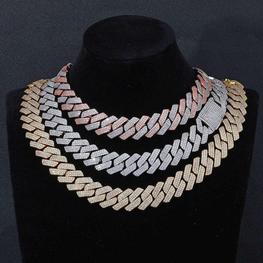 20mm Cuban Chain Necklace and Bracelet Set with Cubic Zirconia Stones