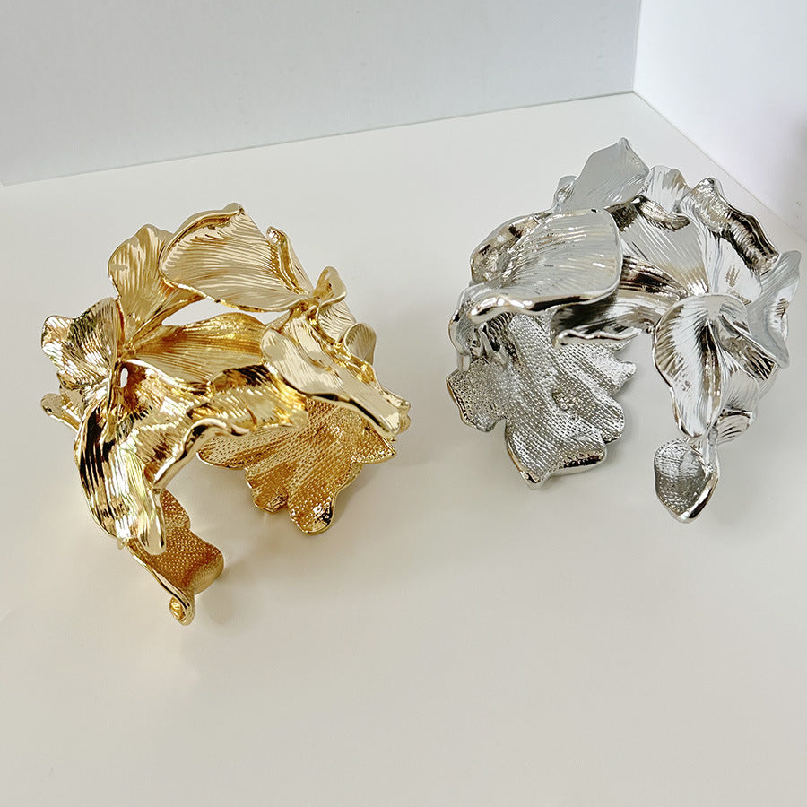 Exaggerated Metal Leaf Petal Stitching Wide Fashionable Bracelet