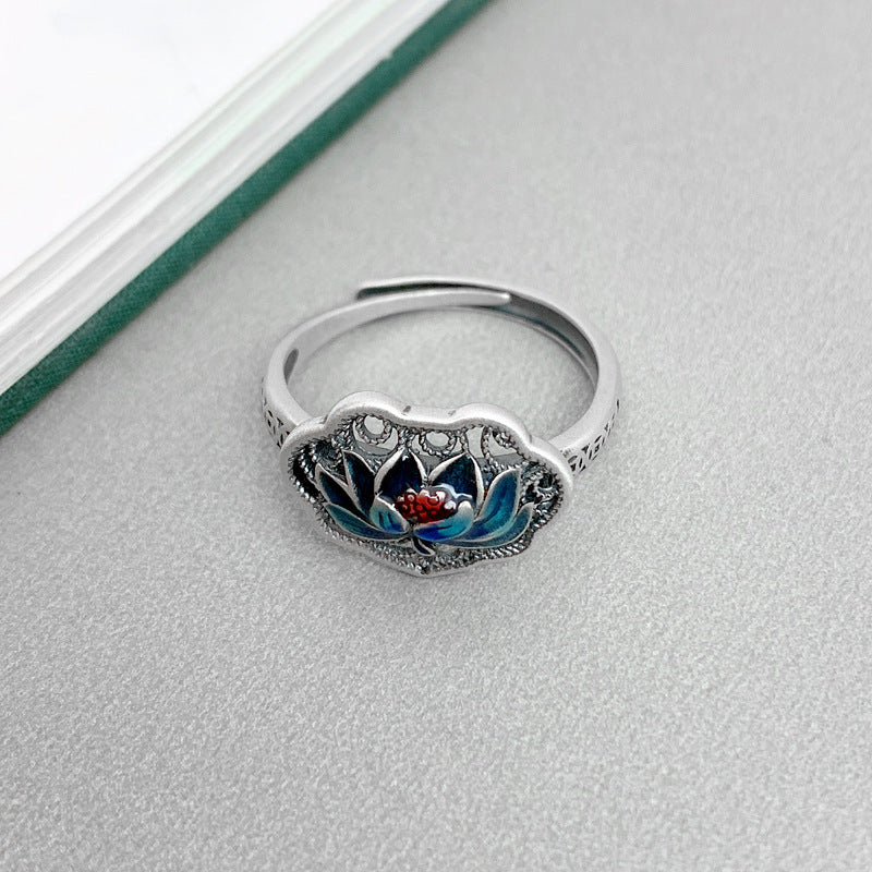 Women's Sterling Sier Enamel Blue Lotus Hollow Cloisonne Retro Personality Rings
