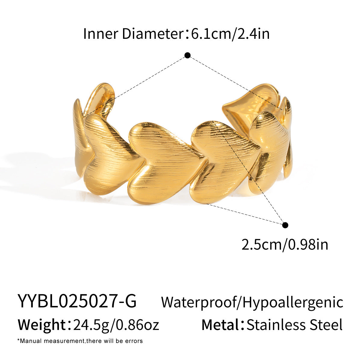 Stainless Steel Vacuum Gold-plated Heart-shaped Open-ended Bracelets