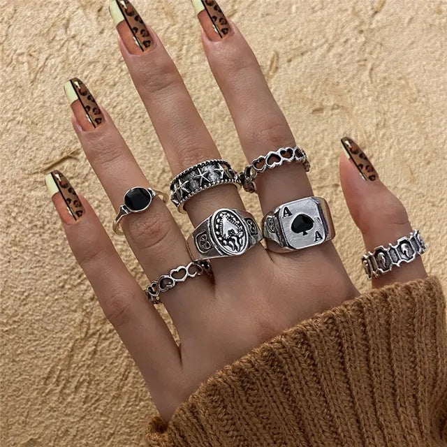 Alloy Chain Vintage Crying Face Poker Hollow Love Ring