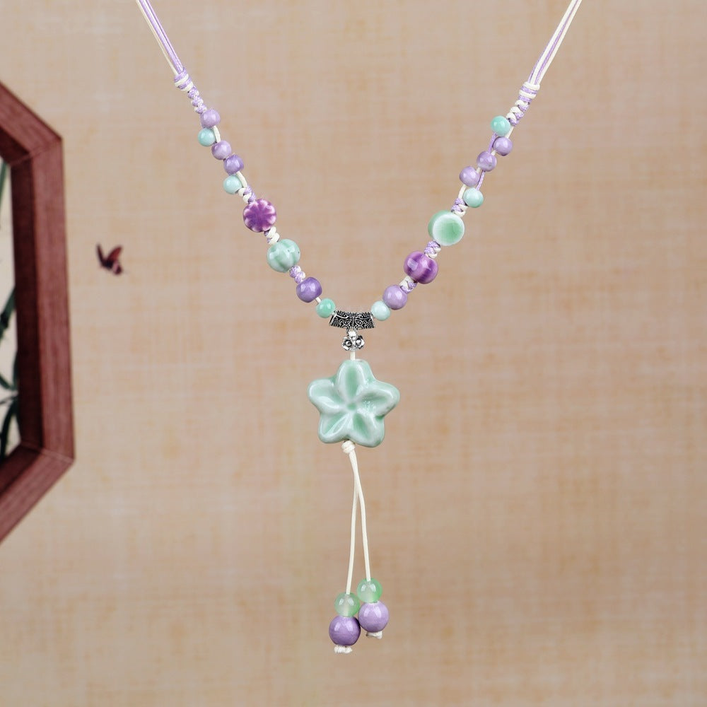 Women's Retro Ethnic Style Ceramic Butterfly Bell Fashionable Necklace