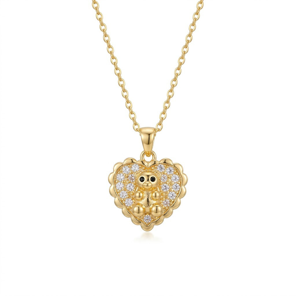 Female Minority Fashion Design Heart Bear Rotating Zircon Temperament Necklace