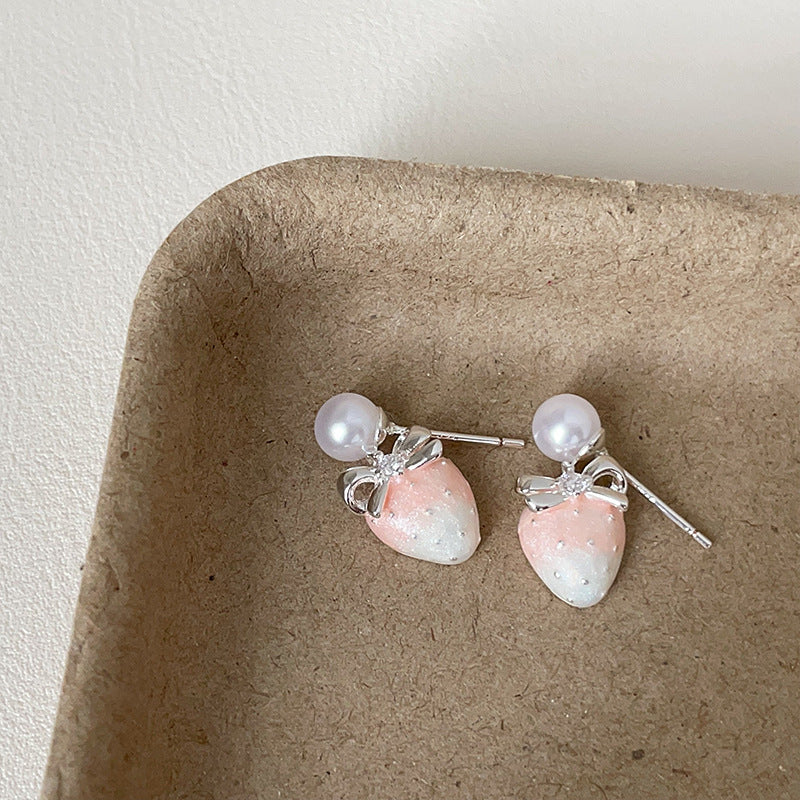 Sweet Gradient Pink Strawberry Pearl Zircon Female Earrings