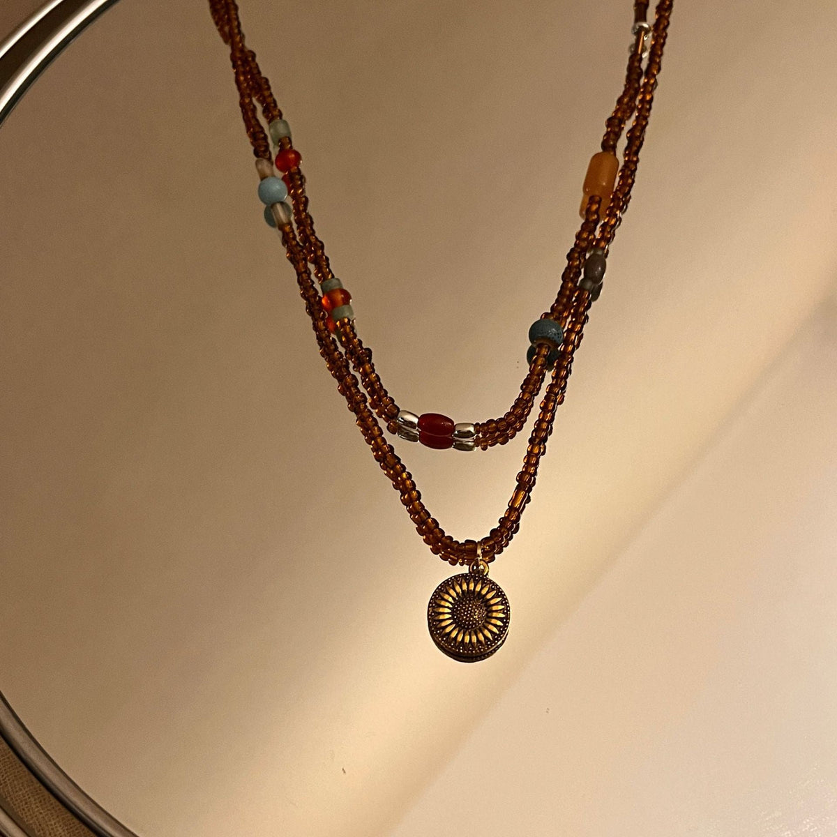 Chain Vintage Metal Sunflower Tag Natural Stone Brown Necklace