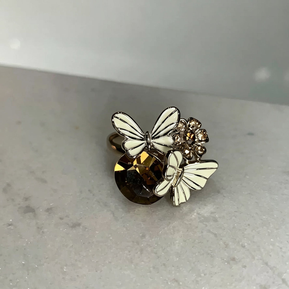 Women's Coffee Gold Retro Affordable Luxury Dripping Butterfly Diamond Open Niche Ring