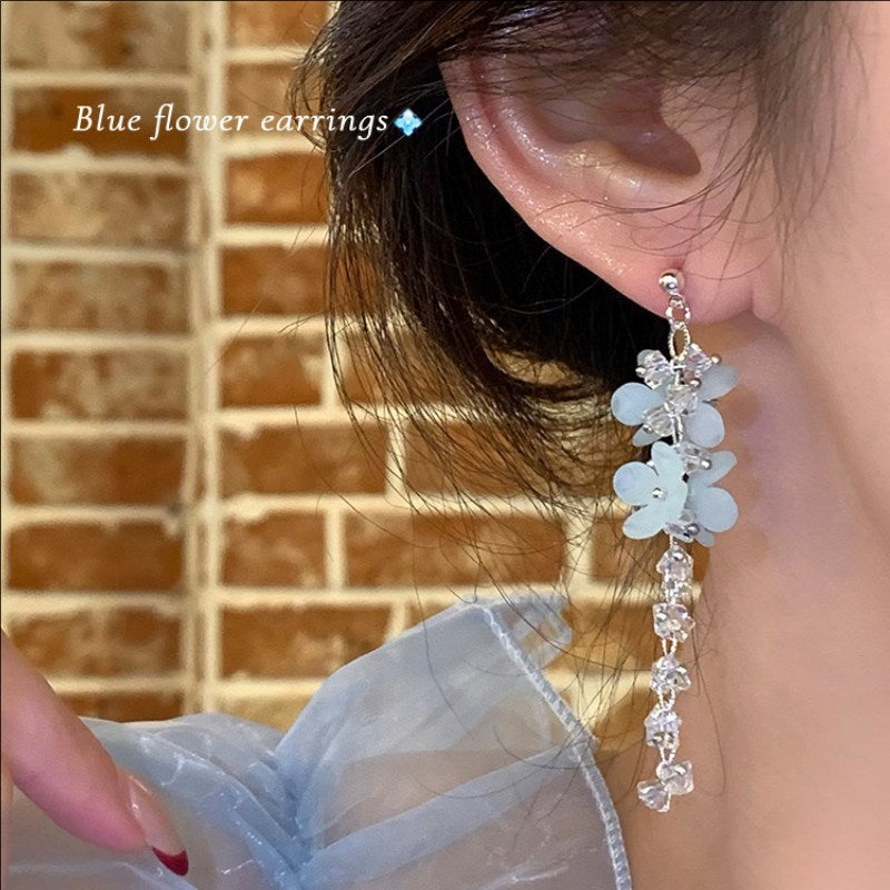 Women's Mint Mambo Blue Flower For Long Tassel Earrings