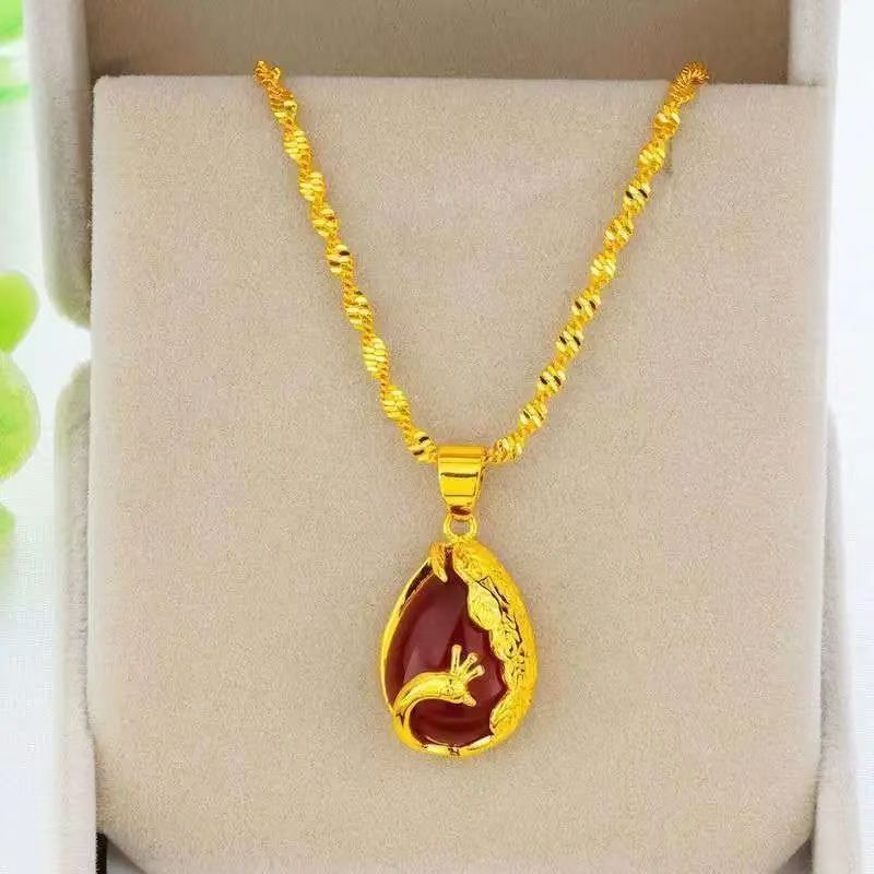 Exquisite Red Green Water Drop Phoenix Female Design Peacock Clavicle Necklace