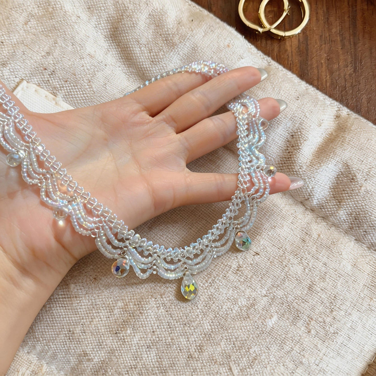 Women's Stainless Steel Glass Beaded Lace Mori Vacation Clavicle Chain Light Necklace