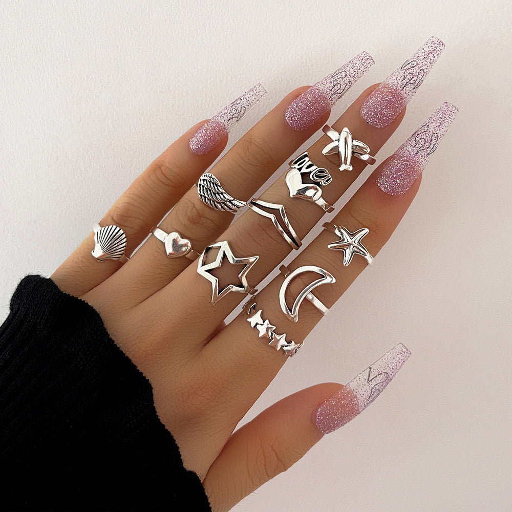 Alloy Chain Vintage Crying Face Poker Hollow Love Ring
