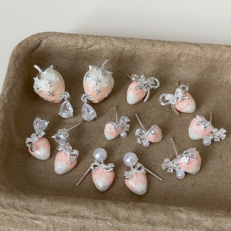 Sweet Gradient Pink Strawberry Pearl Zircon Female Earrings