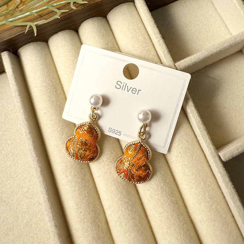 Women's Dynasty Brocade Gourd For Sier Needle Pearl Earrings