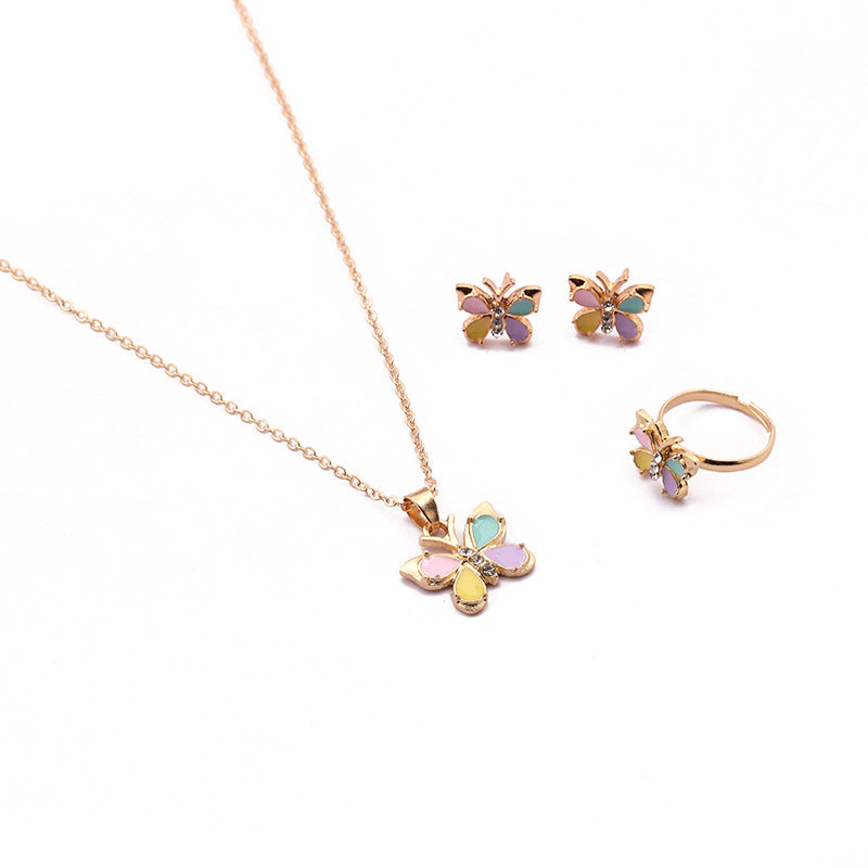 Children's Alloy Dripping Oil Cartoon Butterfly Love Jewelry Set