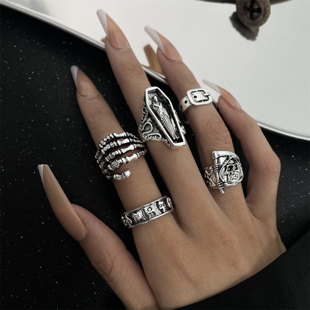Alloy Chain Vintage Crying Face Poker Hollow Love Ring
