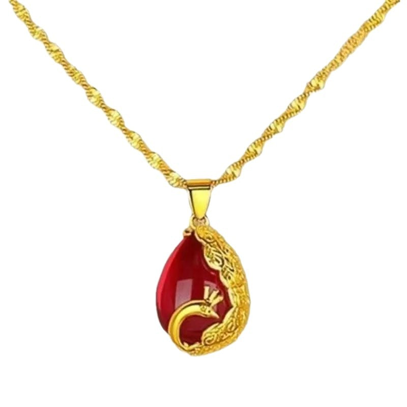 Exquisite Red Green Water Drop Phoenix Female Design Peacock Clavicle Necklace
