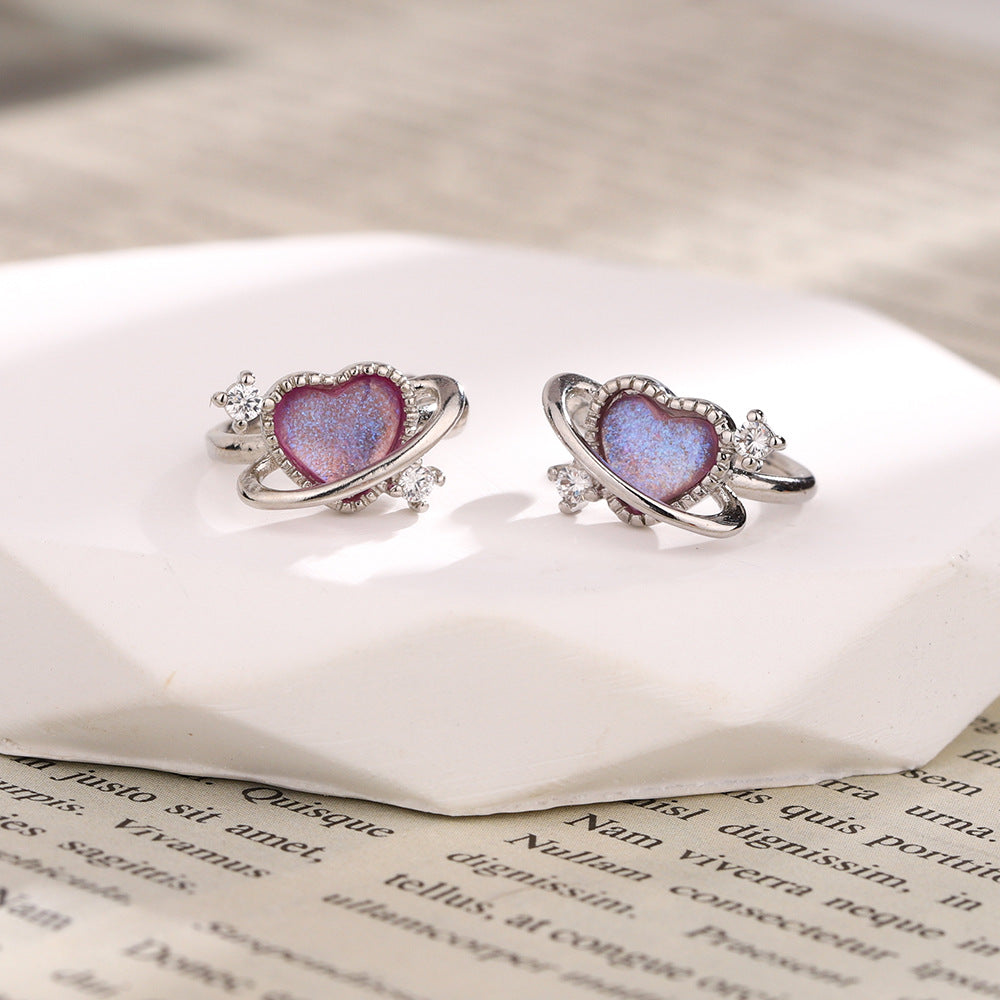 Planet Sweet Colorful Moonstone Rhinestone Heart Shape No Pierced For Ear Clip