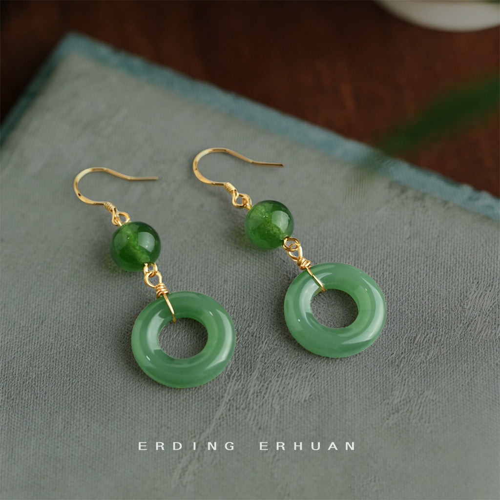 Costume Decoration Sier Plated Needle Agate Jade Green Handmade Design Rings