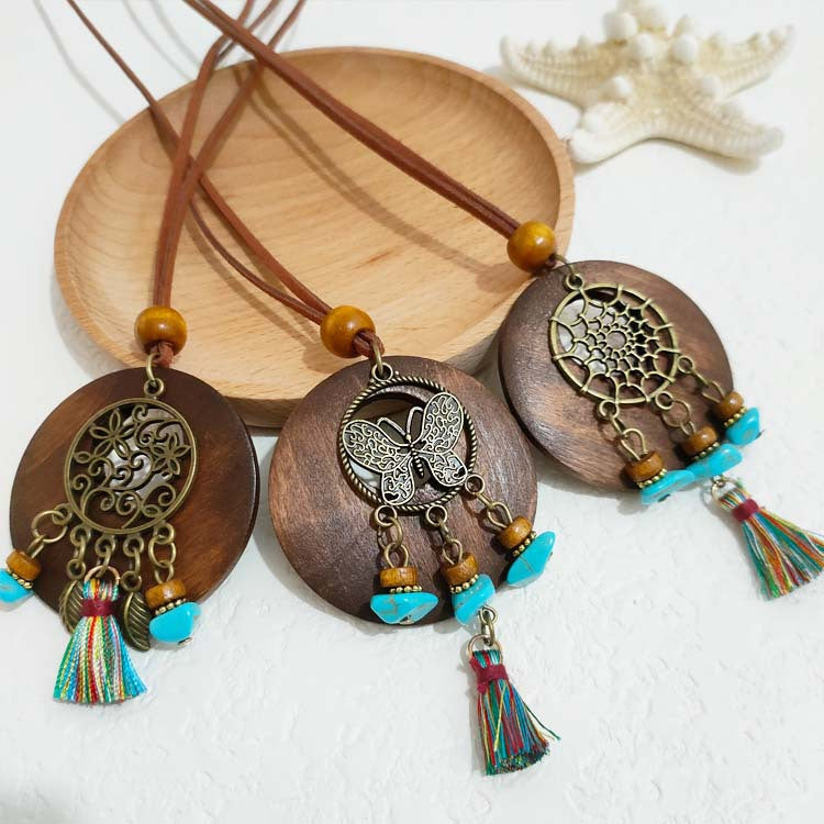 Women's Ethnic Retro Tassel Round Leaves Hollow Out Necklace